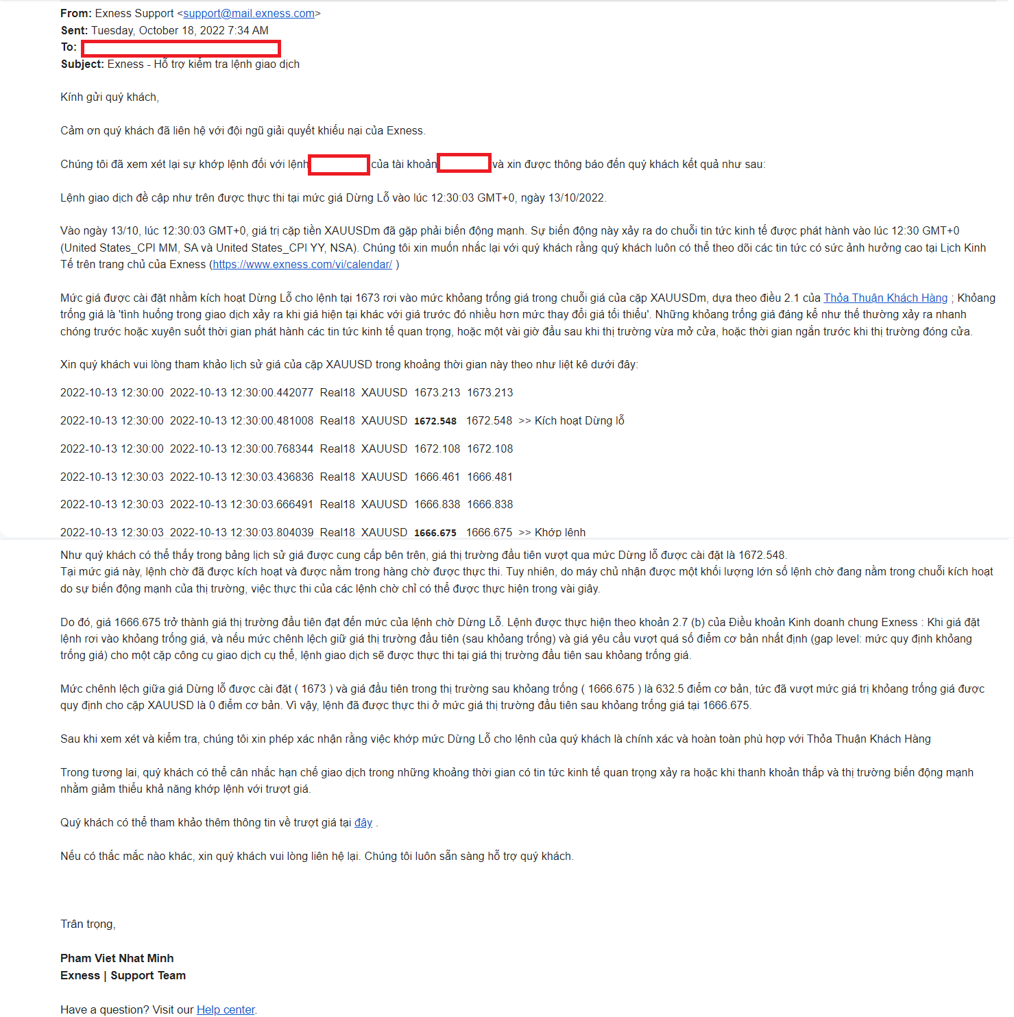 mail support của sàn exness